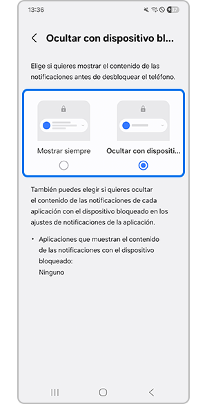 Tocar Mostrar siempre u Ocultar con dispositivo bloqueado
