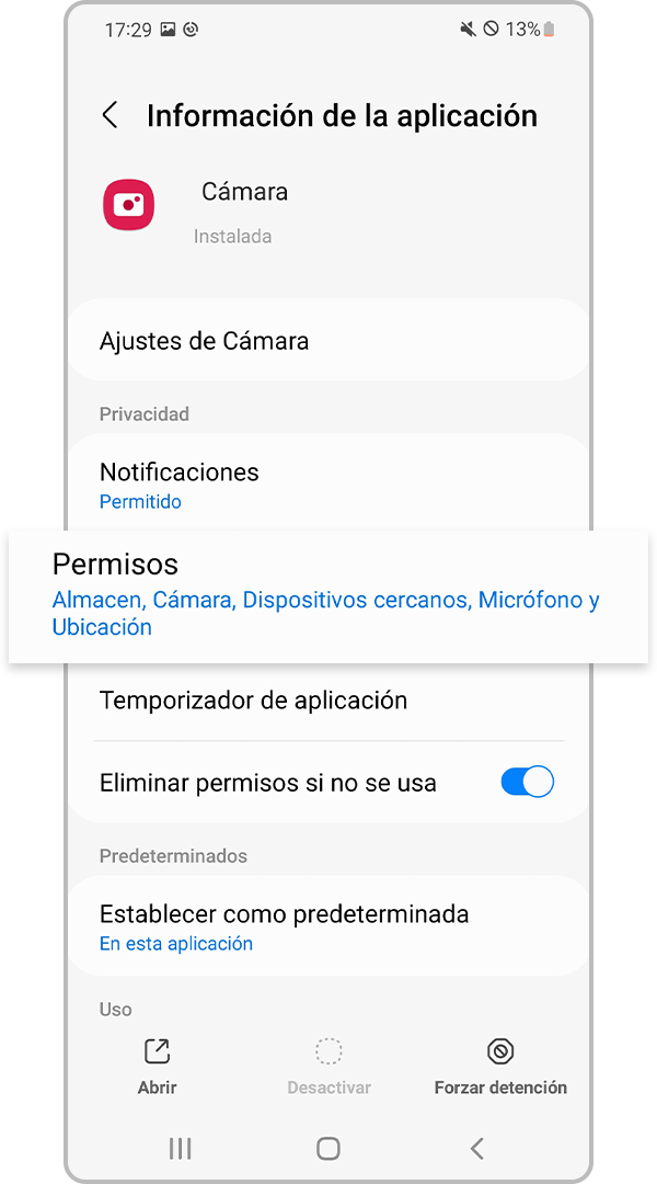 Seleccionar Permisos de aplicaciones