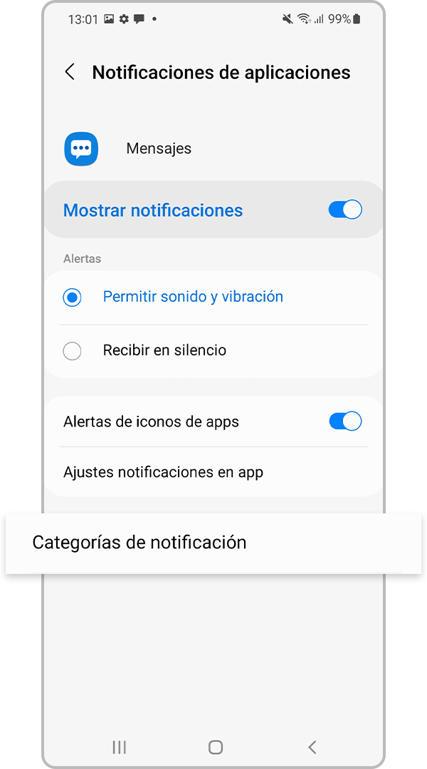 En Mensajes, tocar Categorías de notificaciones