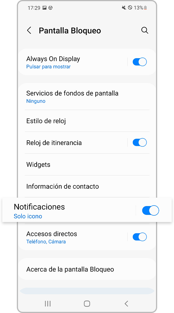 Seleccionar ajustes de las notificaciones para bloquear la pantalla