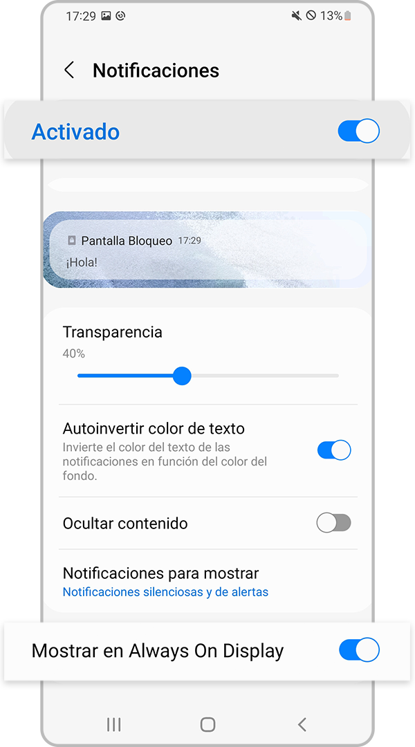 Habilitar las notificaciones en los ajustes Always On Display