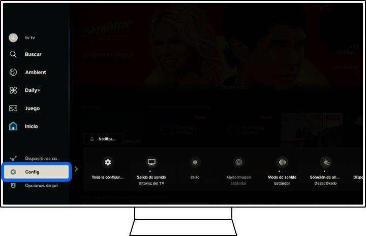 El televisor Samsung muestra la página principal de la sección de menús.
