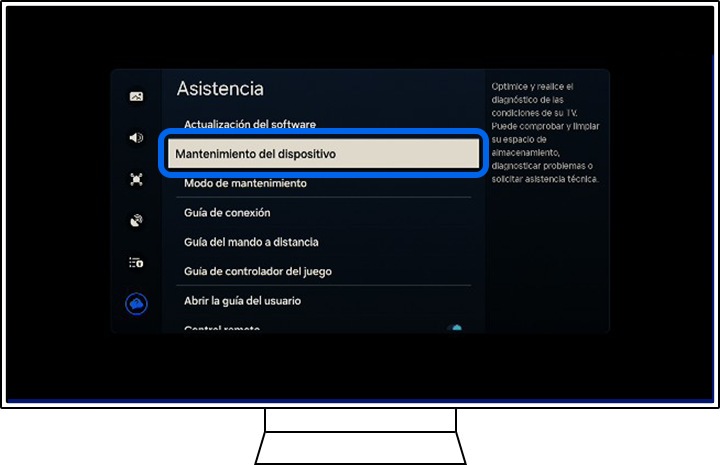 Un televisor Samsung muestra las opciones de Asistencia.