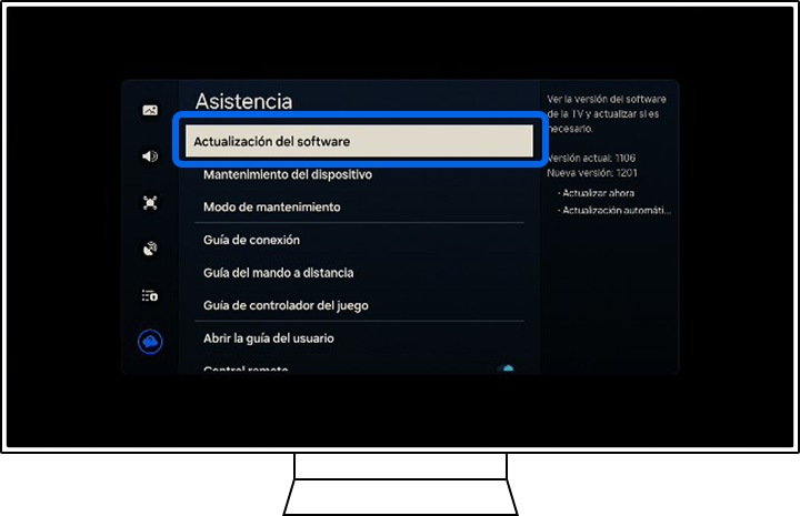 Un televisor Samsung muestra las opciones de Asistencia.