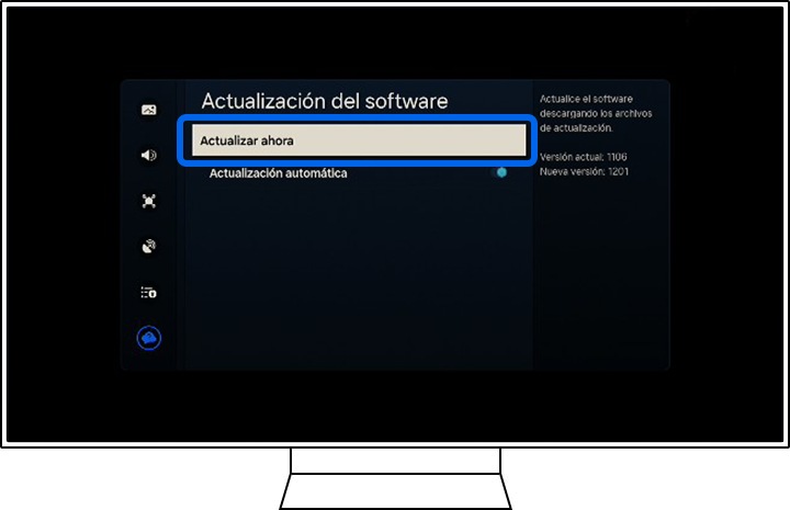 Un televisor Samsung muestra las opciones de Software.