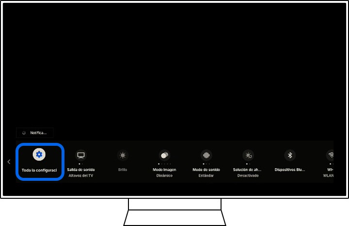 Un televisor Samsung muestra las opciones de Ajustes.