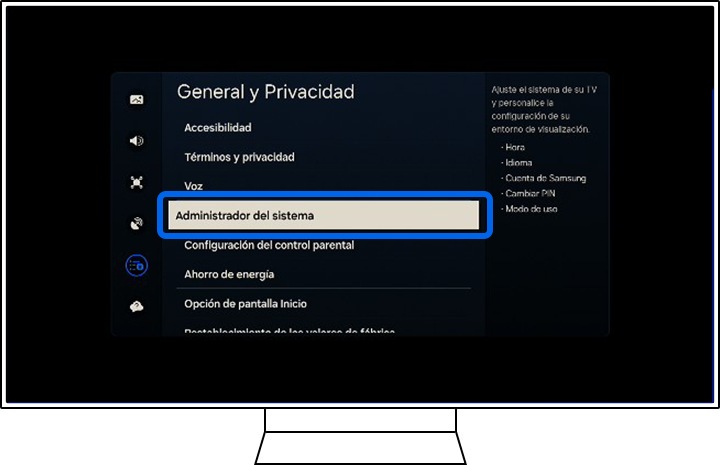 Un televisor Samsung muestra las opciones de General y privacidad