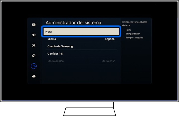 Un televisor Samsung muestra las opciones Gestor del sistema/Hora