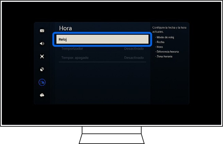 Un televisor Samsung muestra las opciones Hora y Reloj