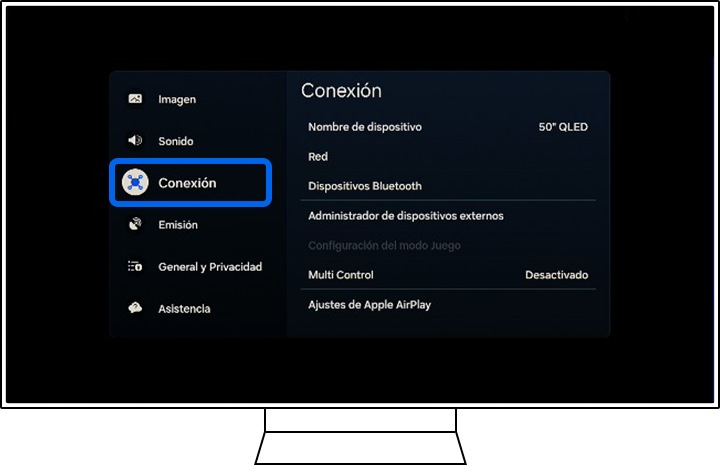 Un televisor Samsung muestra las opciones Todos los ajustes.