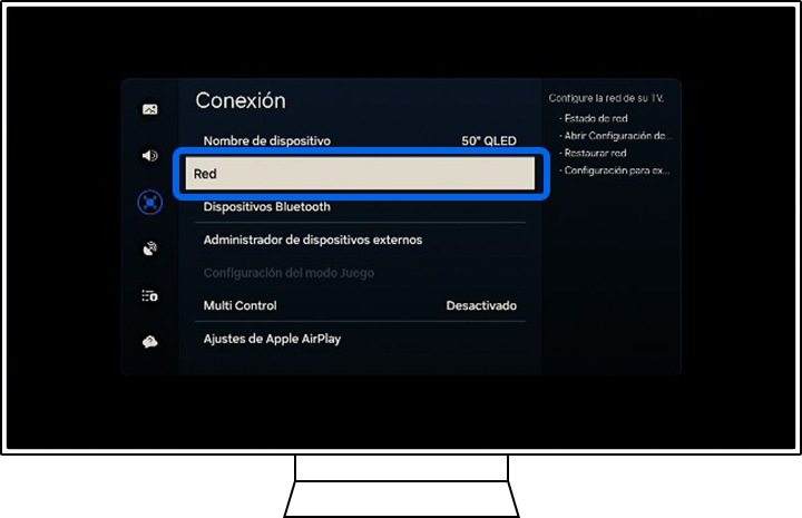 Un televisor Samsung muestra las opciones de Conexión.