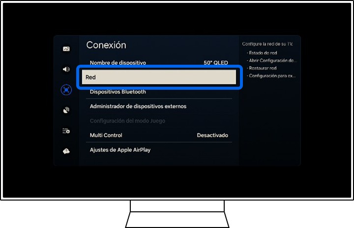 Un televisor S amsung muestra las opciones del menú Conexión.