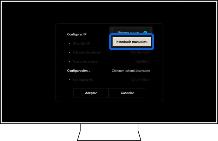 Un televisor Samsung muestra el menú emergente de Ajustes de IP.