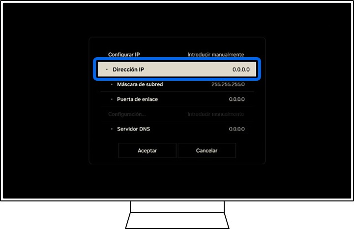 Un televisor Samsung muestra la información de Ajustes de IP.