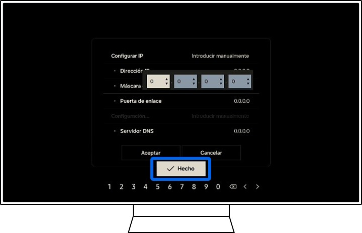 El televisor Samsung muestra los campos del formulario Configuración IP.
