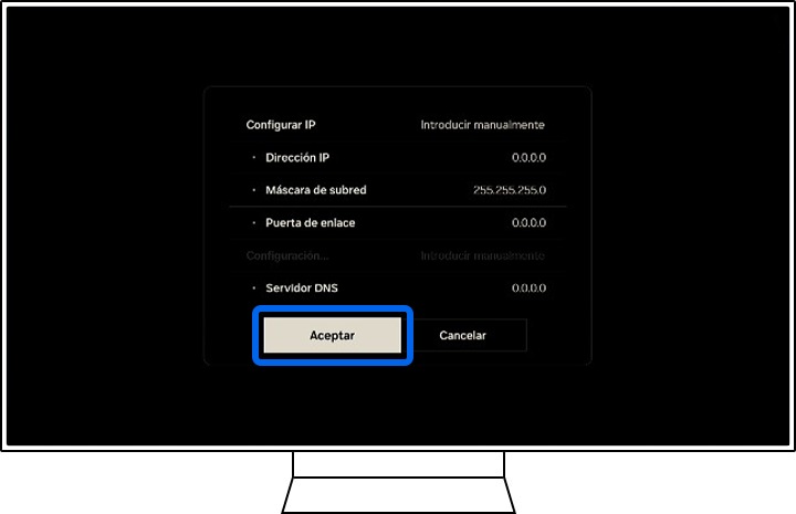 Un televisor Samsung muestra la información de Ajustes de IP.