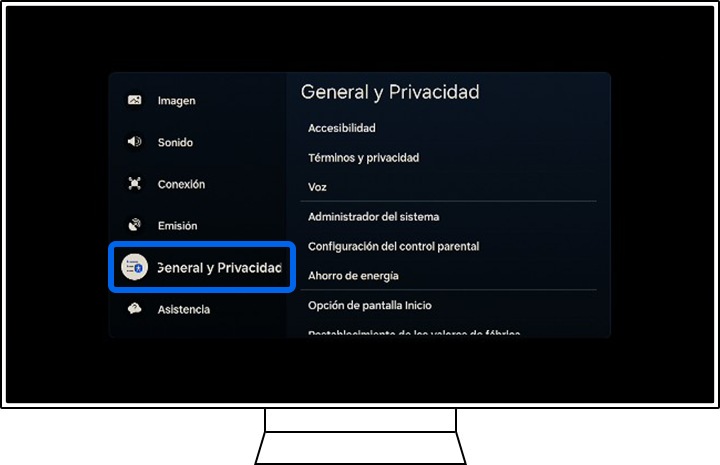 Un televisor Samsung muestra las opciones Todos los ajustes.