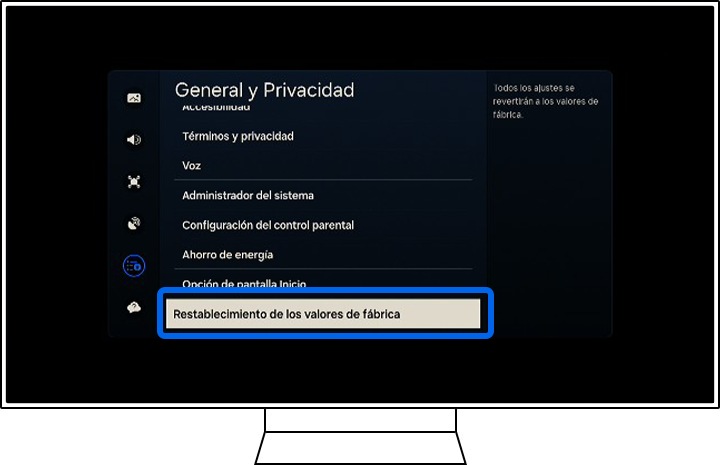 Un televisor Samsung muestra las opciones General y Privacidad.