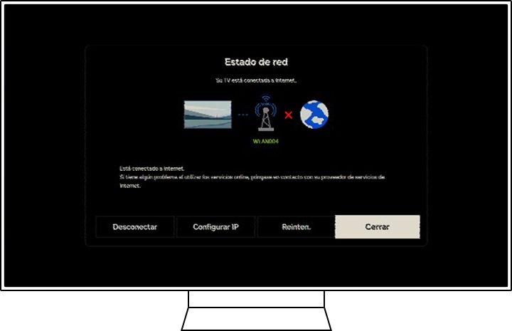 Un televisor Samsung muestra el área de estado Red.