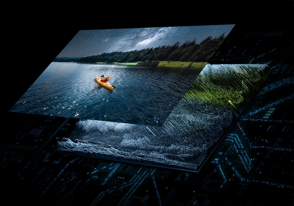 Una capa de Quantum Mini LED en la retroiluminación ilumina una capa superior que muestra una escena de un barco sobre el agua con una calidad vívida.