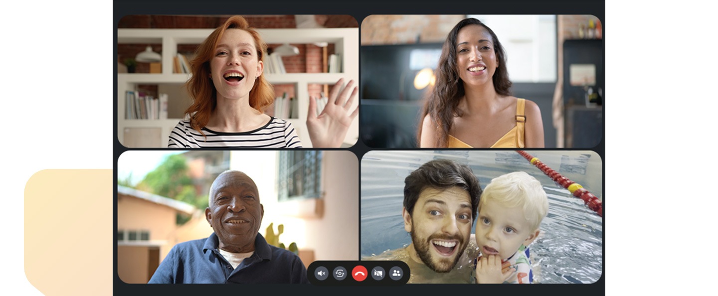 Cuatro personas participan en una animada videollamada en la pantalla del Samsung Smart TV. Luego, el foco se centra en una participante femenina específica. La escena cambia y ahora se ve a la misma mujer en la pantalla de un teléfono inteligente.