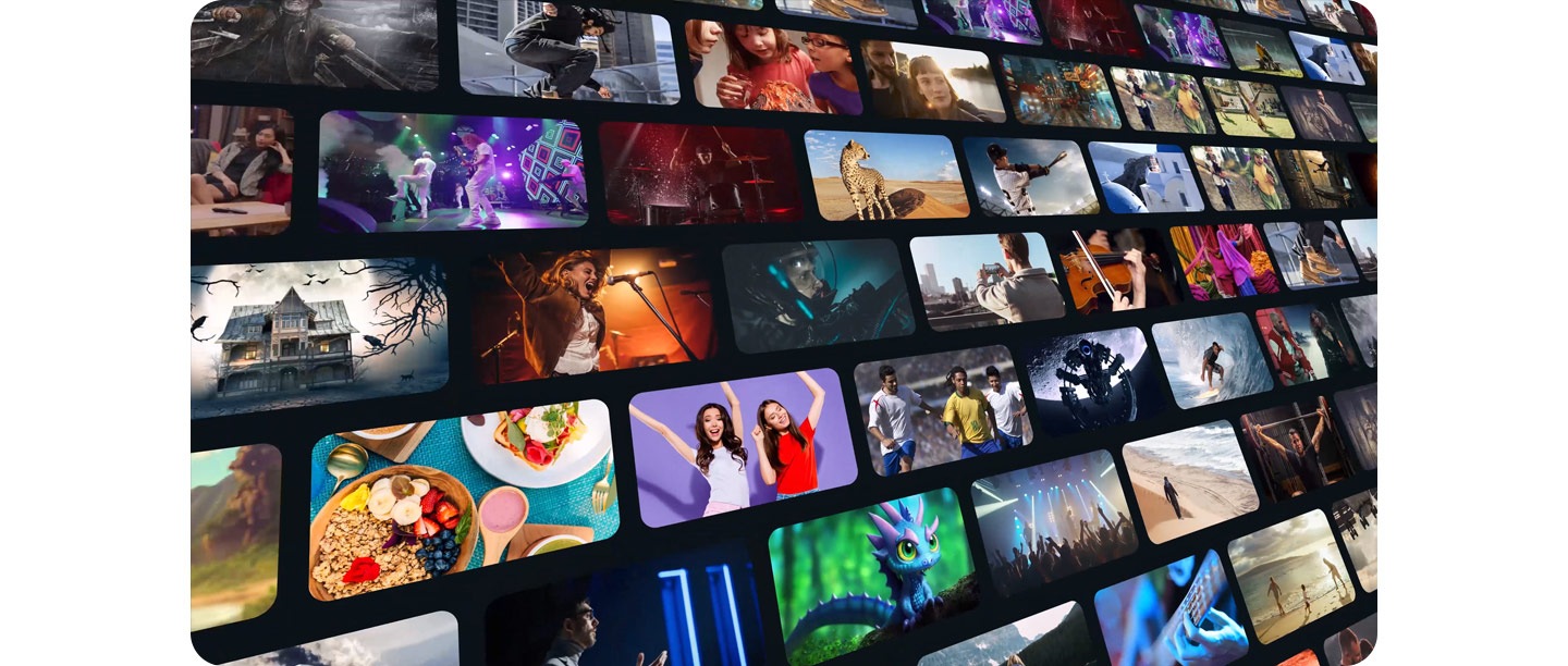 Se exhiben una serie de paneles con diferentes opciones de transmisión. De repente, la vista se acerca a los paneles para llegar a las palabras Contenido gratuito sin fin. Las palabras Samsung Tizen OS aparecen en un colorido formato estilizado, seguidas de varias escenas de vídeo que parpadean sobre la palabra Tizen. Luego aparecen una vez más las palabras Contenido gratuito sin fin. Finalmente, las palabras Upscale Your Entertainment aparecen en pantalla junto con varias pantallas con escenas de diferentes programas y películas, acompañadas de palabras como drama, música y película.