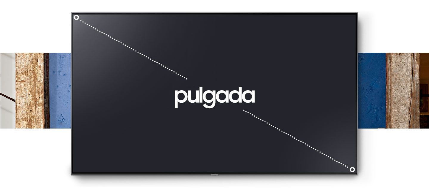 Un televisor, con "pulgadas" escrito en el centro, muestra que el tamaño de la pantalla del televisor se mide como la dimensión diagonal de la pantalla al mostrar líneas punteadas dibujadas en diagonal en el televisor.