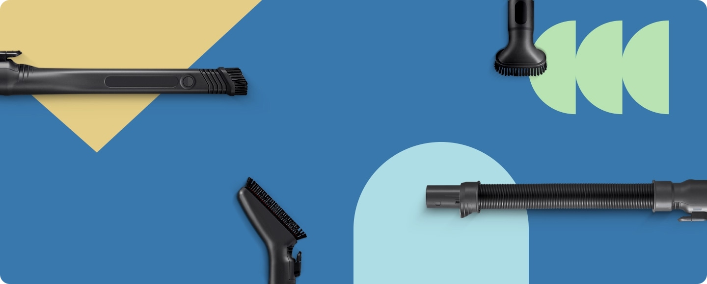 Los accesorios del aspirador Samsung Jet, que incluyen una herramienta flexible para hendiduras, un cepillo para polvo persistente, una manguera alargadora y un cepillo para polvo suave, están ordenados.
