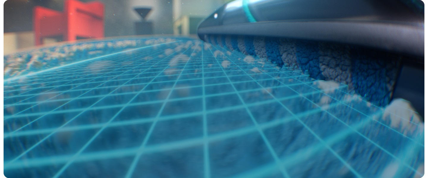 Bespoke Jet™ AI limpia una alfombra azul. Un dial en la esquina inferior izquierda de la pantalla indica que la potencia de succión se ajusta automáticamente a un nivel 3 de 3. Continúa limpiando un suelo de madera dura a un nivel 2. A continuación, limpia una alfombra en el nivel 1. La pantalla se aleja y la pantalla digital de la aspiradora indica un tiempo de batería restante de 29:19.