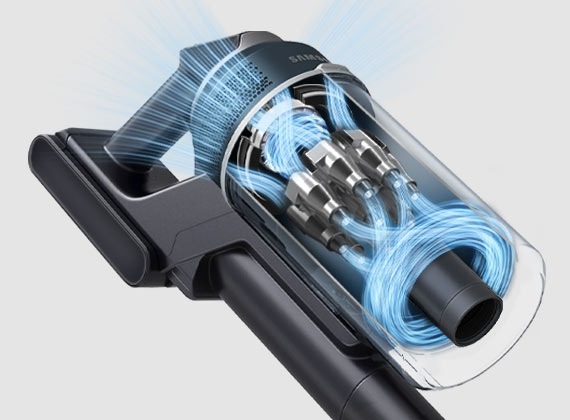 Una ilustración interna en primer plano de un motor HexaJet de Jet 95 tiene rayas azules que demuestran la potente succión.