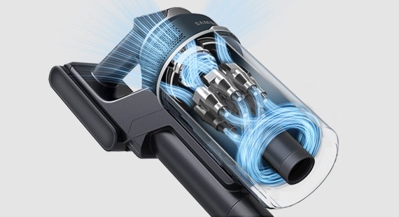 Una ilustración interna en primer plano del motor HexaJet del Jet 85 tiene rayas azules que demuestran su potente succión.