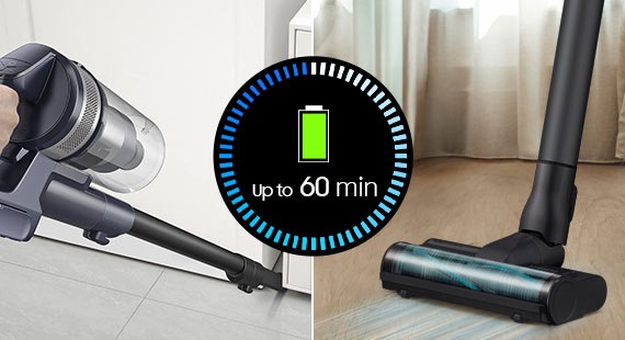 Una persona limpia la esquina de la habitación con un Jet 75E equipado con una herramienta de hendidura extensible y limpia el suelo. La batería del Jet 75E permite limpiar hasta 60 minutos.