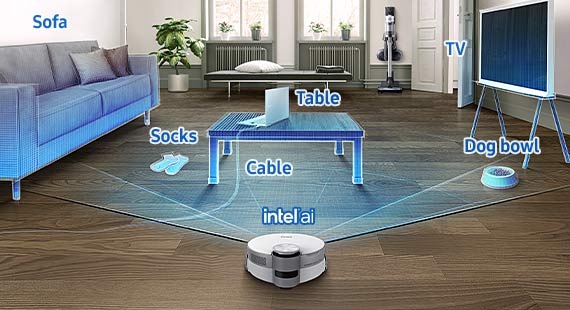 Jet Bot™ AI+ con tecnología Intel de inteligencia artificial utiliza el Reconocimiento de Objetos por IA para detectar el sofá, el cable, la mesa, el cuenco del perro, los calcetines y el televisor que están en el suelo delante de él, para limpiar de cerca y con eficacia a su alrededor.