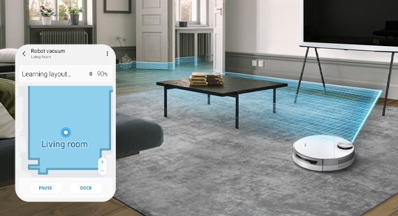 El Sensor LiDAR de Jet Bot™+ escanea 360 grados de izquierda a derecha para conocer la distribución de un elegante salón antes de limpiar.