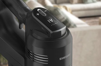 Un plano de cerca de la pantalla digital LCD de Bespoke Jet™ AI. El modo IA está activado.