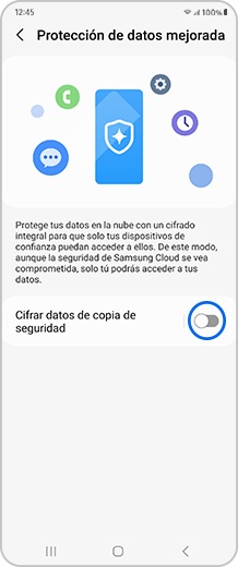 Pantalla del Smartphone con la opción Cifrar datos de copia de seguridad. "