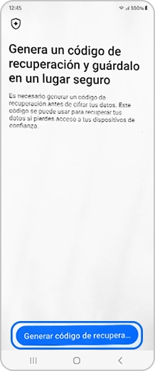 Pantalla del Smartphone con el botón Generar un código de recuperación seleccionado>.
