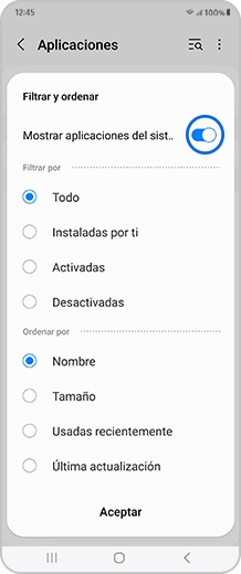 Pantalla del Smartphone con la opción Mostrar aplicaciones del sistema seleccionada