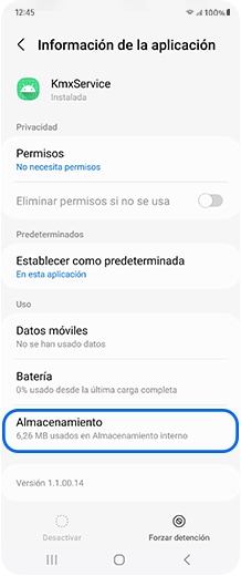 Pantalla del Smartphone con la opción Almacenamiento seleccionada
