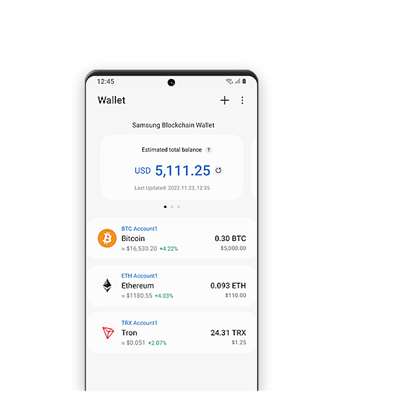 Samsung Blockchain Wallet -sovelluksen graafisen käyttöliittymän simulaatio, jossa näkyy Bitcoin-, Ethereum- ja Tron-kryptovaluuttatilien saldon yleiskatsaus.