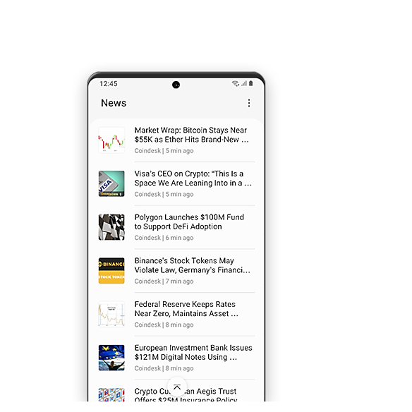 Esimerkkikuva Samsungin Blockchain Wallet -sovelluksen graafisesta käyttöliittymästä, jossa näkyy lista virtuaalivaluuttoihin liittyvistä artikkeleista ja uutisista.