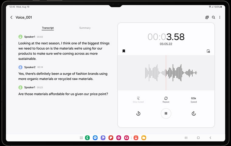 Galaxy Tab S9 Ultra in Landscape mode with the Voice Recorder app open. On the left, is a transcribed version of the recording file under the 'Transcript' tab with the 'Summary' tab next to it, using the Transcript Assist feature. On the right, is the original recording file.