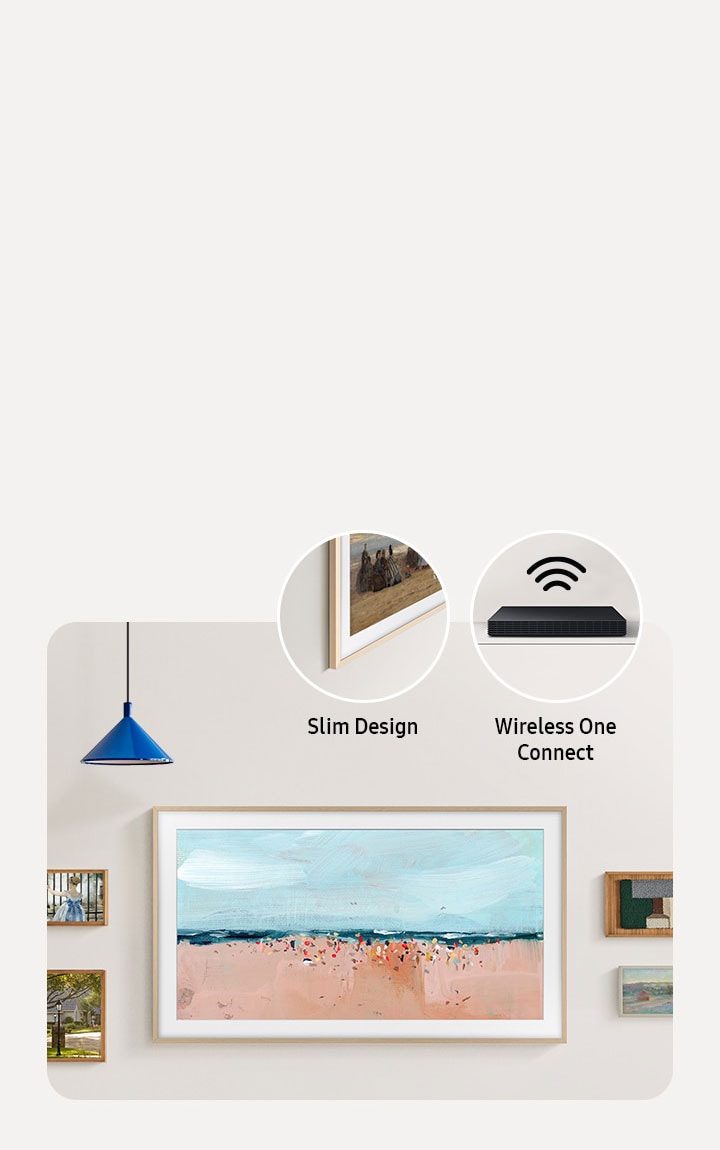 Seinälle kiinnitetty The Frame sulautuu muiden pienempien maalausten joukkoon. Lähikuvissa Slim Design ja One Connect Box.