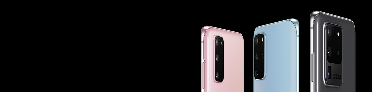 Galaxy S20 in Cloud Pink, S20 plus in Cloud Blue, and S20 Ultra in Cosmic Gray, all seen from the rear at alternating three-quarter angles