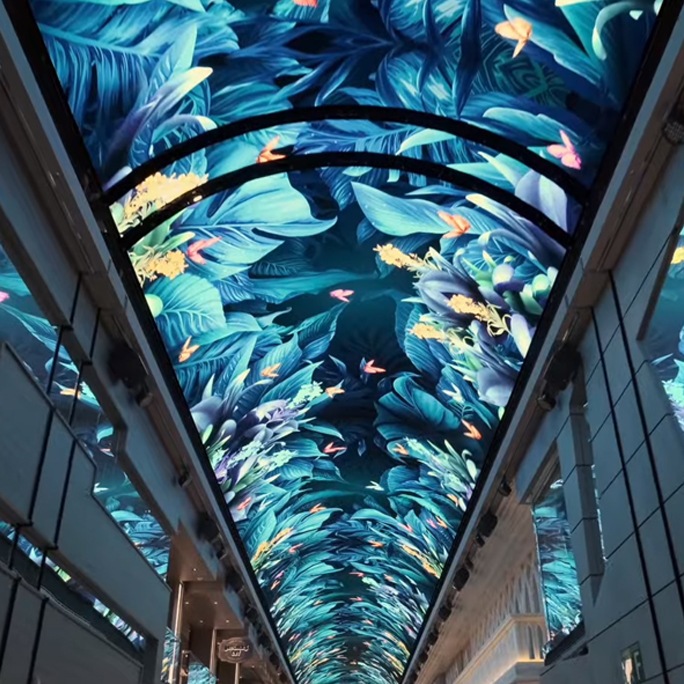 a long promenade sky LED screen in the cruise ship