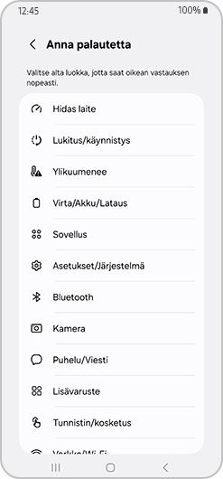 Lähetä palautetta -osio, jossa on useita saatavilla olevia kategorioita