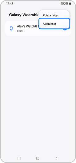 Asetukset vaihtoehto korostettu