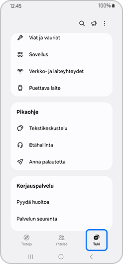 Tuki-osio korostettuna Samsung Members -näytöllä.