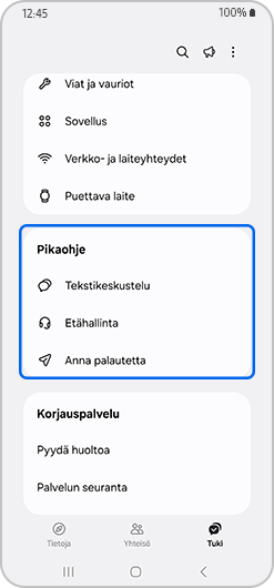 Nopea apu -vaihtoehto valittuna.