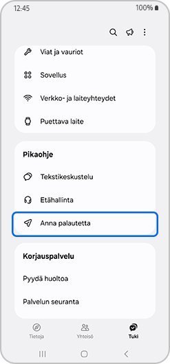 Lähetä palautetta -vaihtoehto korostettuna.